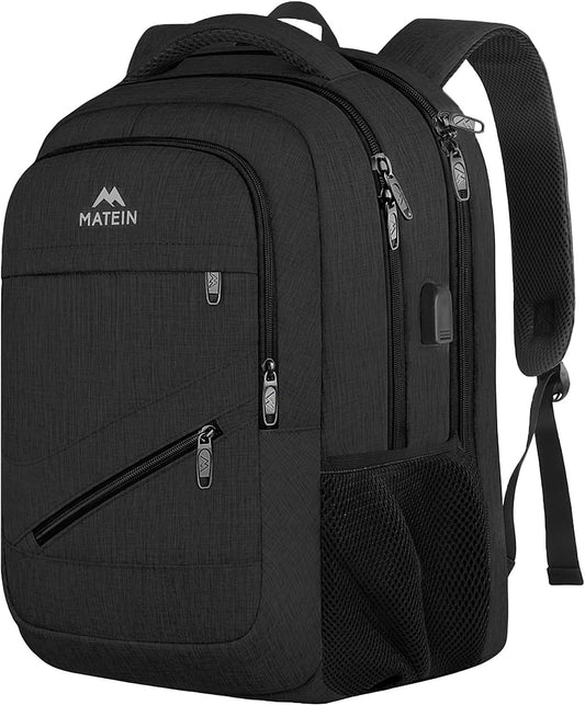 MATEIN Extra Large Business Travel Anti Theft Laptop Backpack, 18 Inch TSA Airline Approved Carryon Backpack for Women Men, Work Bag with USB Port and Luggage Strap, Black