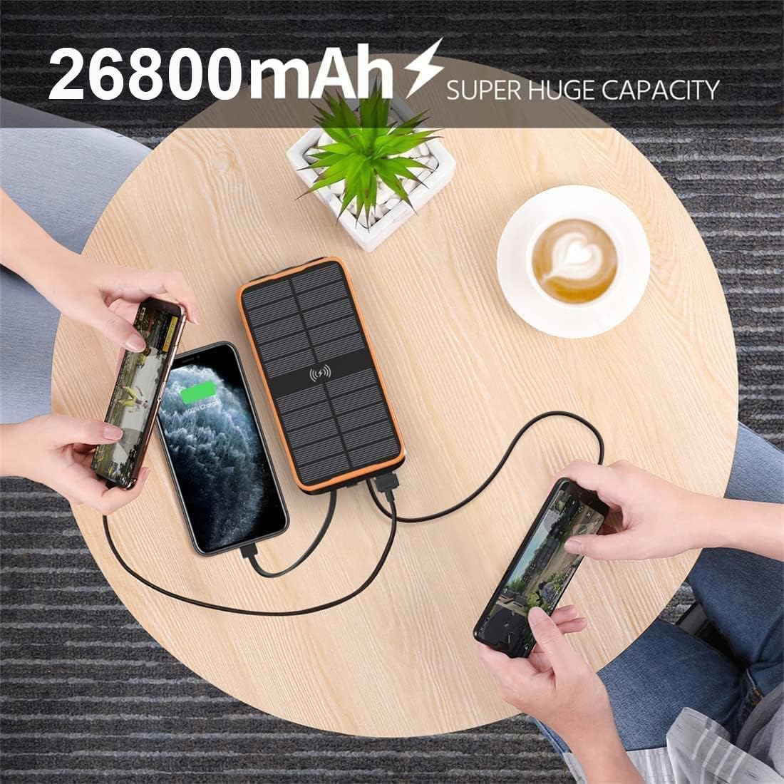 2025 Upgraded Solar Power Bank, 26800mAh with 4x Foldable Solar Panels Built-in 2 Output & 1 Input Cables PD 20W QC3.0 18W Fast Charging and Qi 10W Wireless Charging 6W Solar Charging Portable Charger