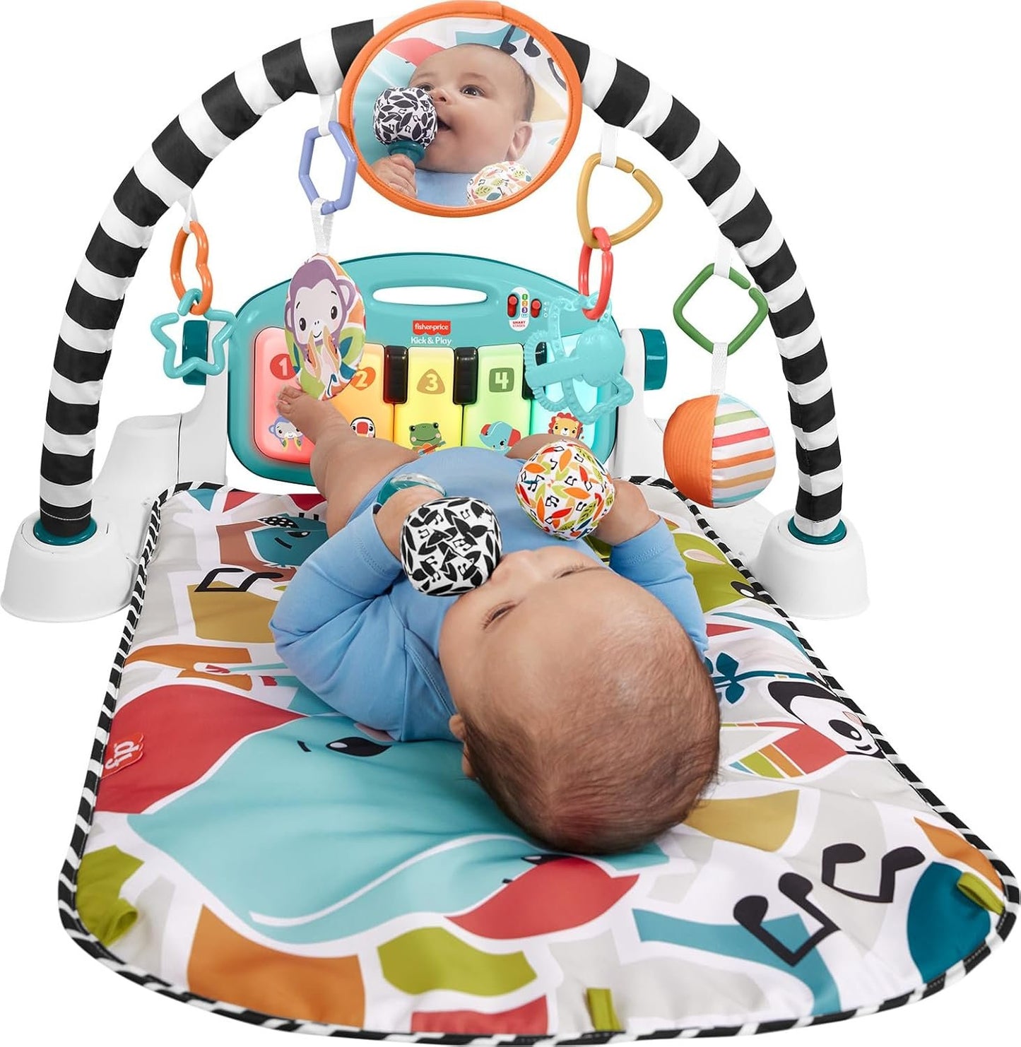 Fisher-Price Baby Musical Toy Set Glow and Grow Kick & Play Piano Gym Blue Playmat with 2 Rattle Maracas for Newborns Ages 0+ Months