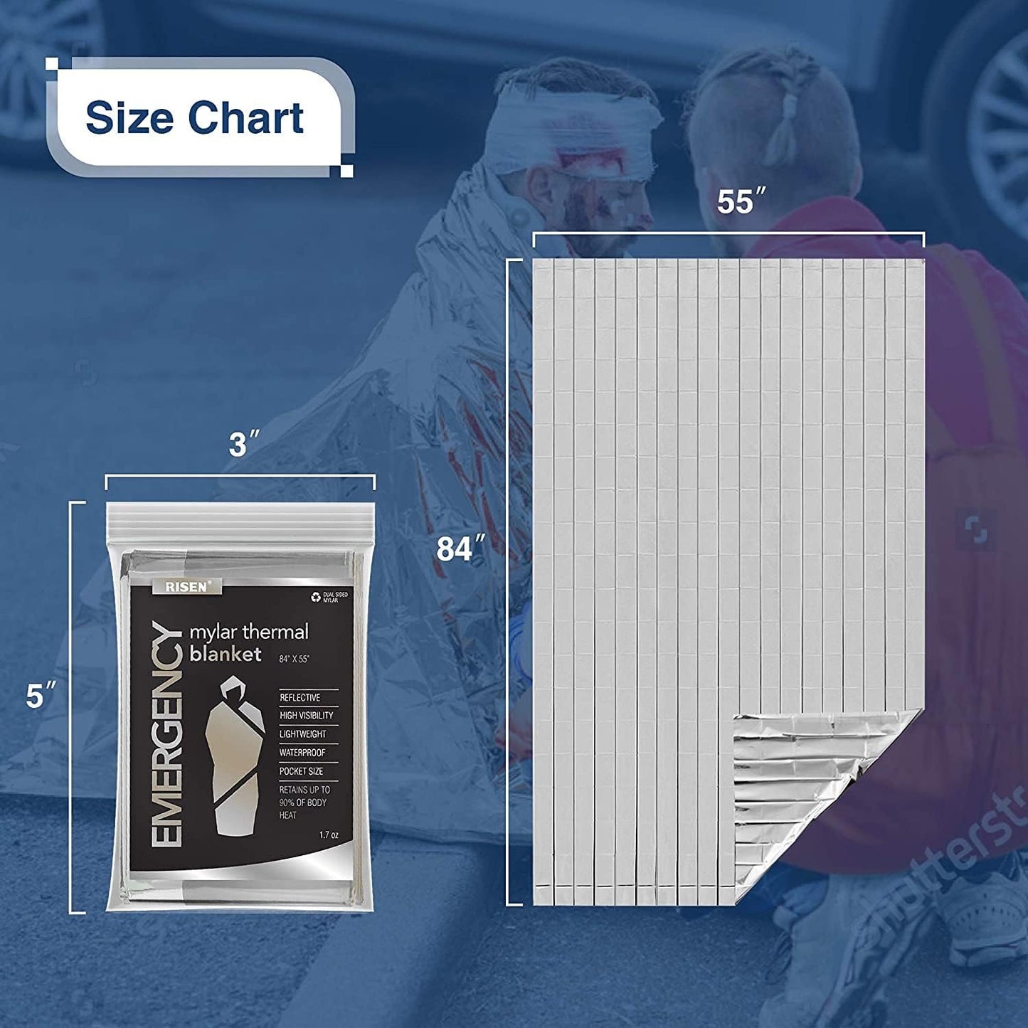 RISEN Emergency Foil Mylar Thermal Blankets - Retains 90% of Body Heat, High Reflective Space Safety Blanket - Ideal Supply for Survival, Outdoors, Camping, Hiking, First Aid (8 Silver)