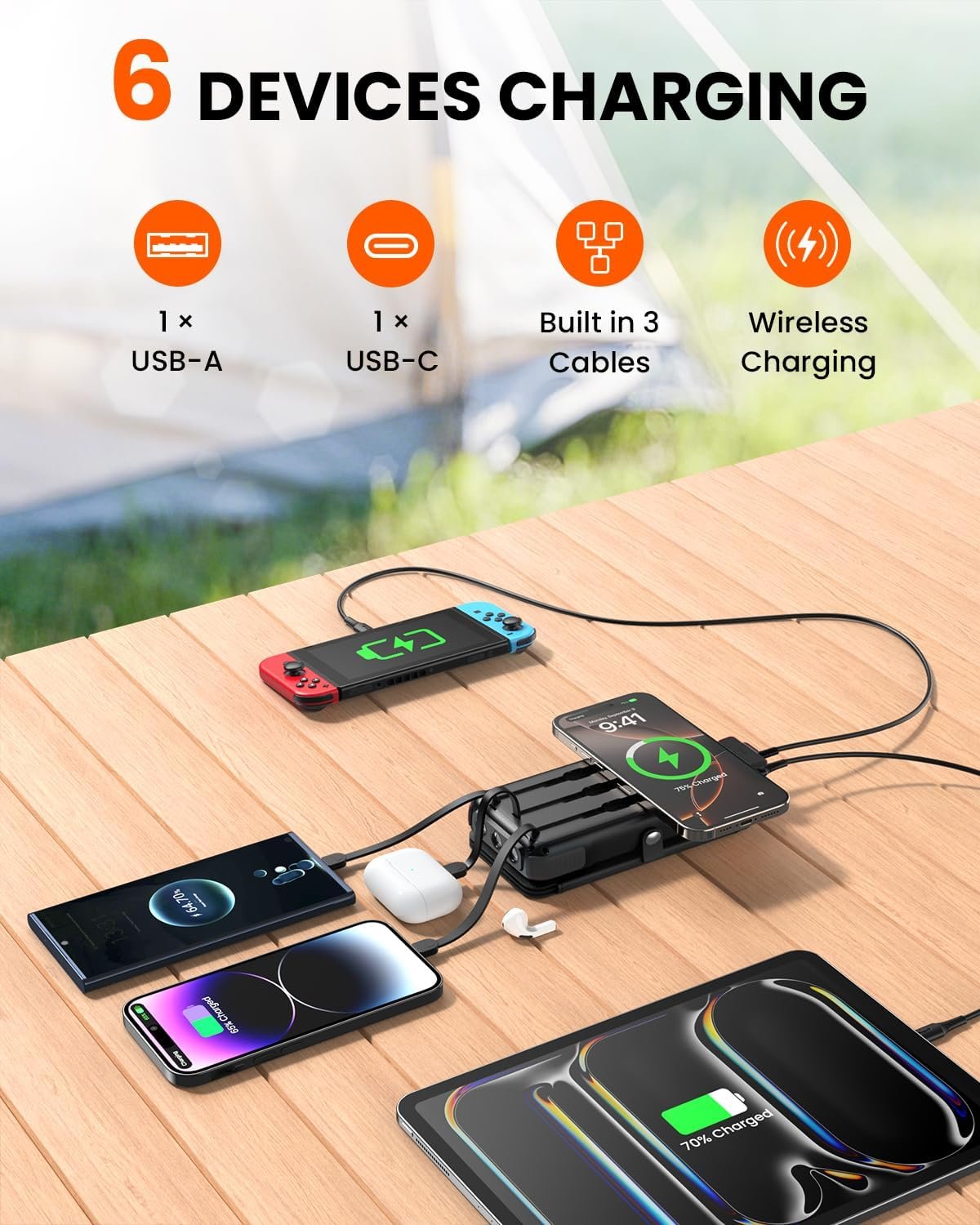SOARAISE Wireless Solar Power Bank, 25000mAh Solar Charger with Built-in 3 Cables, Dual Outputs, 4 Solar Panels & 3 LED Flashlights Battery Pack for Outdoor Camping（Black）