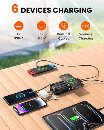 SOARAISE Wireless Solar Power Bank, 25000mAh Solar Charger with Built-in 3 Cables, Dual Outputs, 4 Solar Panels & 3 LED Flashlights Battery Pack for Outdoor Camping（Black）