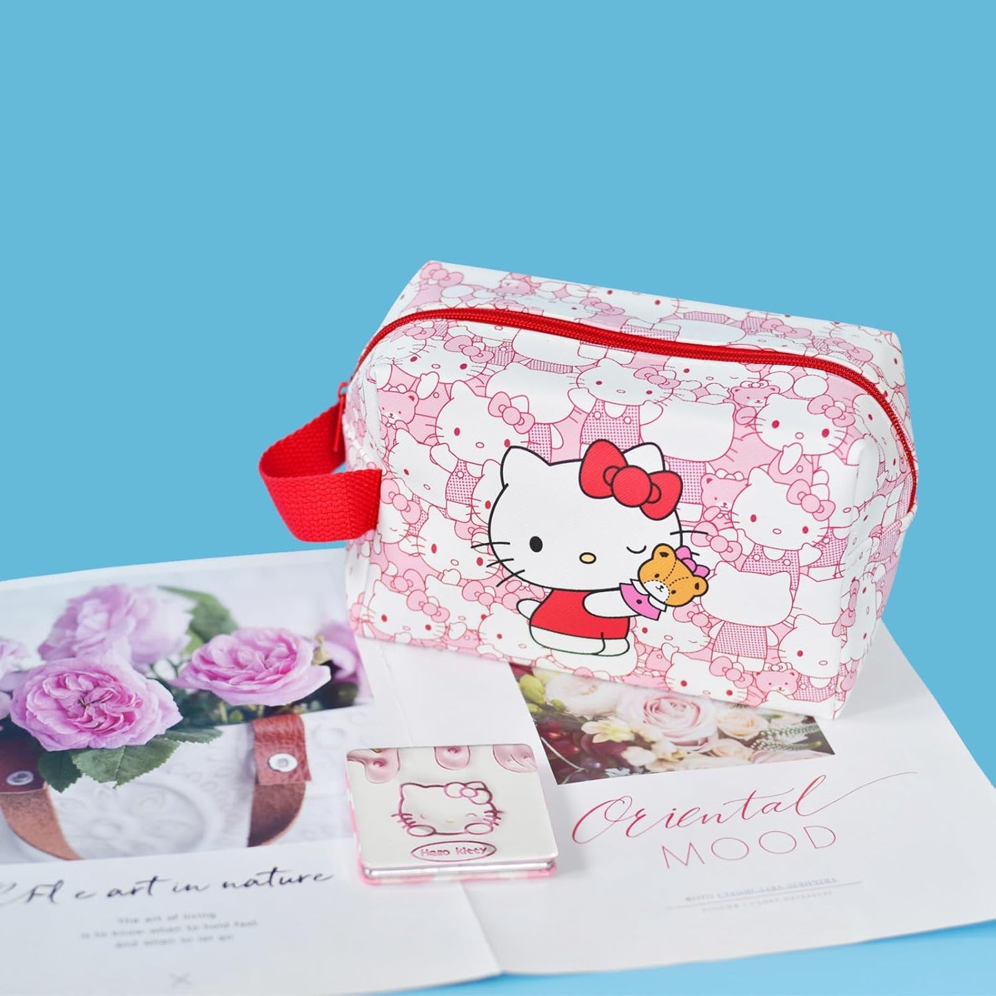 ENENSET kitty Travel Cosmetic Bag, Large Capacity Cartoon Cosmetic Pouch Makeup Bag with Zipper, PU Travel Toiletry Bag Makeup Accessories Organizer, Foldable Storage Bag Makeup Pouch for Girls, Hello