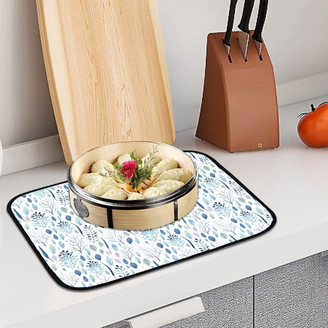Rolin Roly Absorbent Dish Drying Mat for Kitchen Counter Eucalyptus Drying Pad Blue White Reversible Drainer Mats for Countertop Storage Dishes Pans Fruits18X24