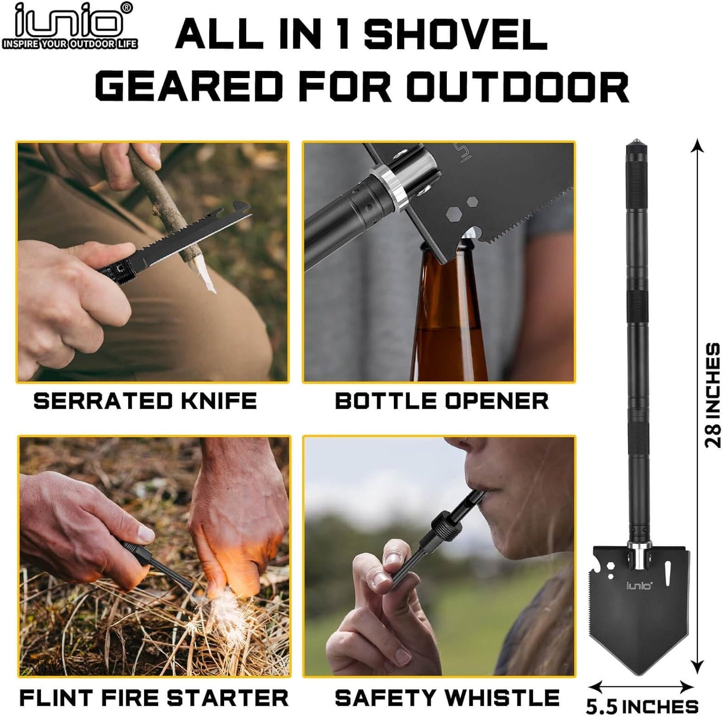iunio Survival Shovel Multitool with Axe, Camping Shovel Hatchet, Tactical Shovel, Folding with Carrying Bag for Camping, Hiking, Backpacking, Entrenching, Car Emergency