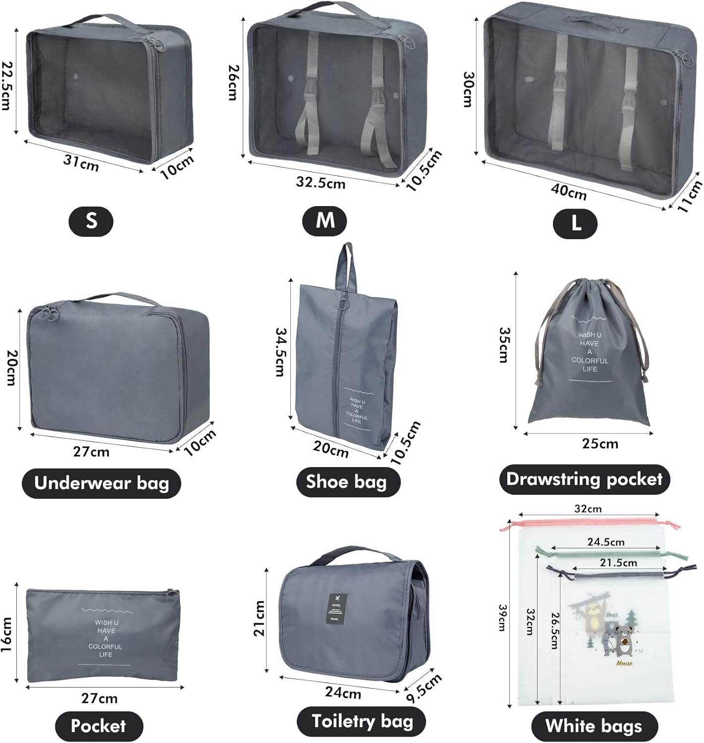 11 Pieces Travel Organizer Suitcase Set, Packing Cubes, Travel Organizer for Space-Saving Suitcases for Clothes Shoes Underwear Cosmetics (Grey)