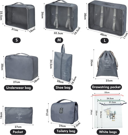 11 Pieces Travel Organizer Suitcase Set, Packing Cubes, Travel Organizer for Space-Saving Suitcases for Clothes Shoes Underwear Cosmetics (Grey)