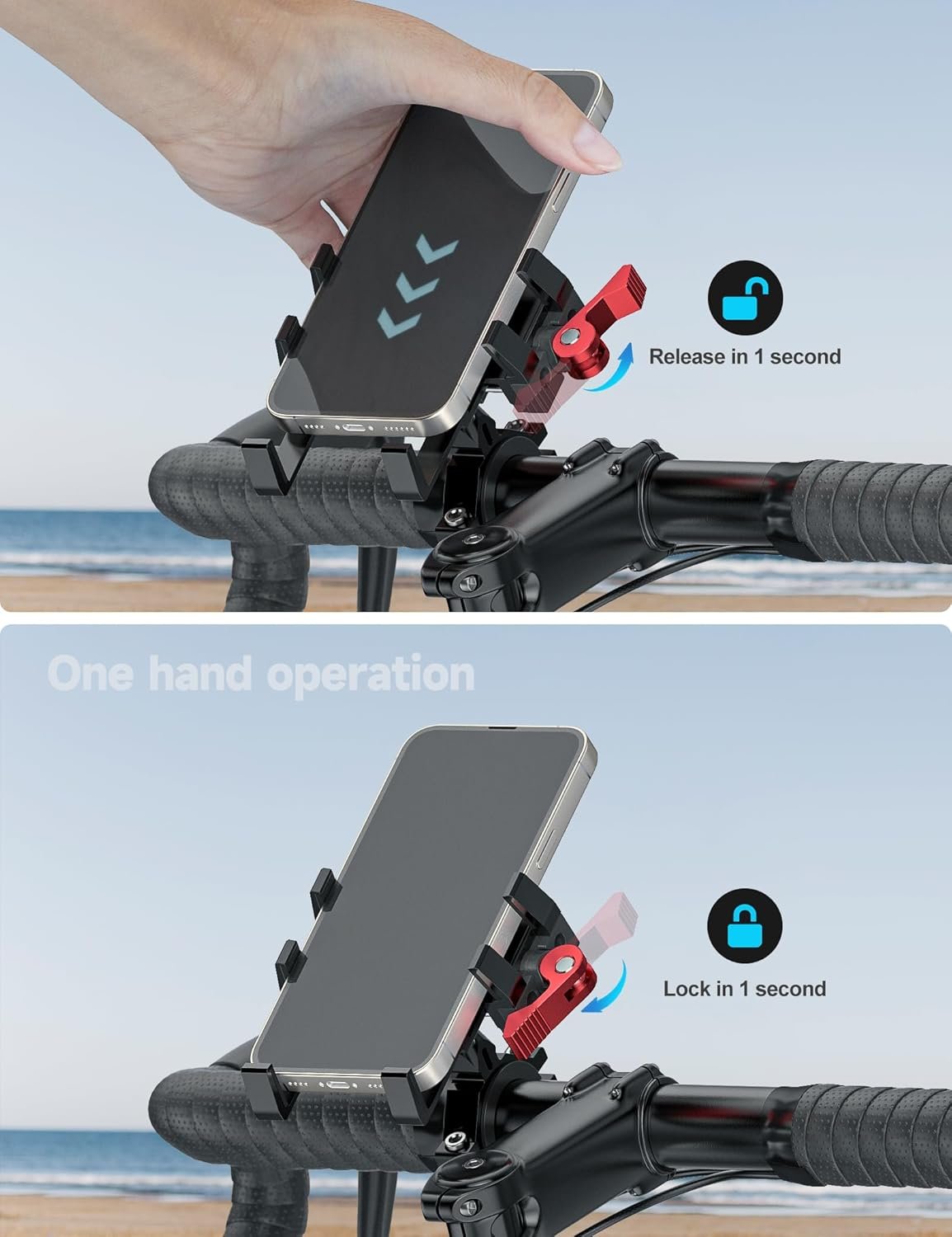 Tiakia Aluminum Bike Phone Mount, [2024 Upgrade] Camera Friendly＆1s Lock Handlebar Mounted Cell Phone Holder for Bike Motorcycle, 360° Rotation Universal Bicycle Phone Mount for 4.5-7 Inch Phones