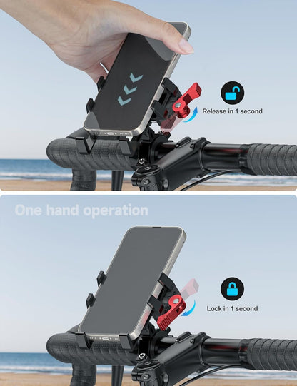 Tiakia Aluminum Bike Phone Mount, [2024 Upgrade] Camera Friendly＆1s Lock Handlebar Mounted Cell Phone Holder for Bike Motorcycle, 360° Rotation Universal Bicycle Phone Mount for 4.5-7 Inch Phones