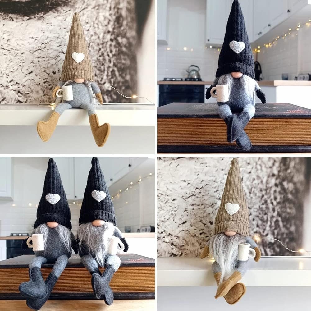 2 Pcs Coffee Gnomes Plush Bar Decor, Handmade Swedish Tomte Gnomes Gifts Farmhouse Scandinavian Figurine Gnome for Home Kitchen Coffee Station Table Shelf Decor (Brown)