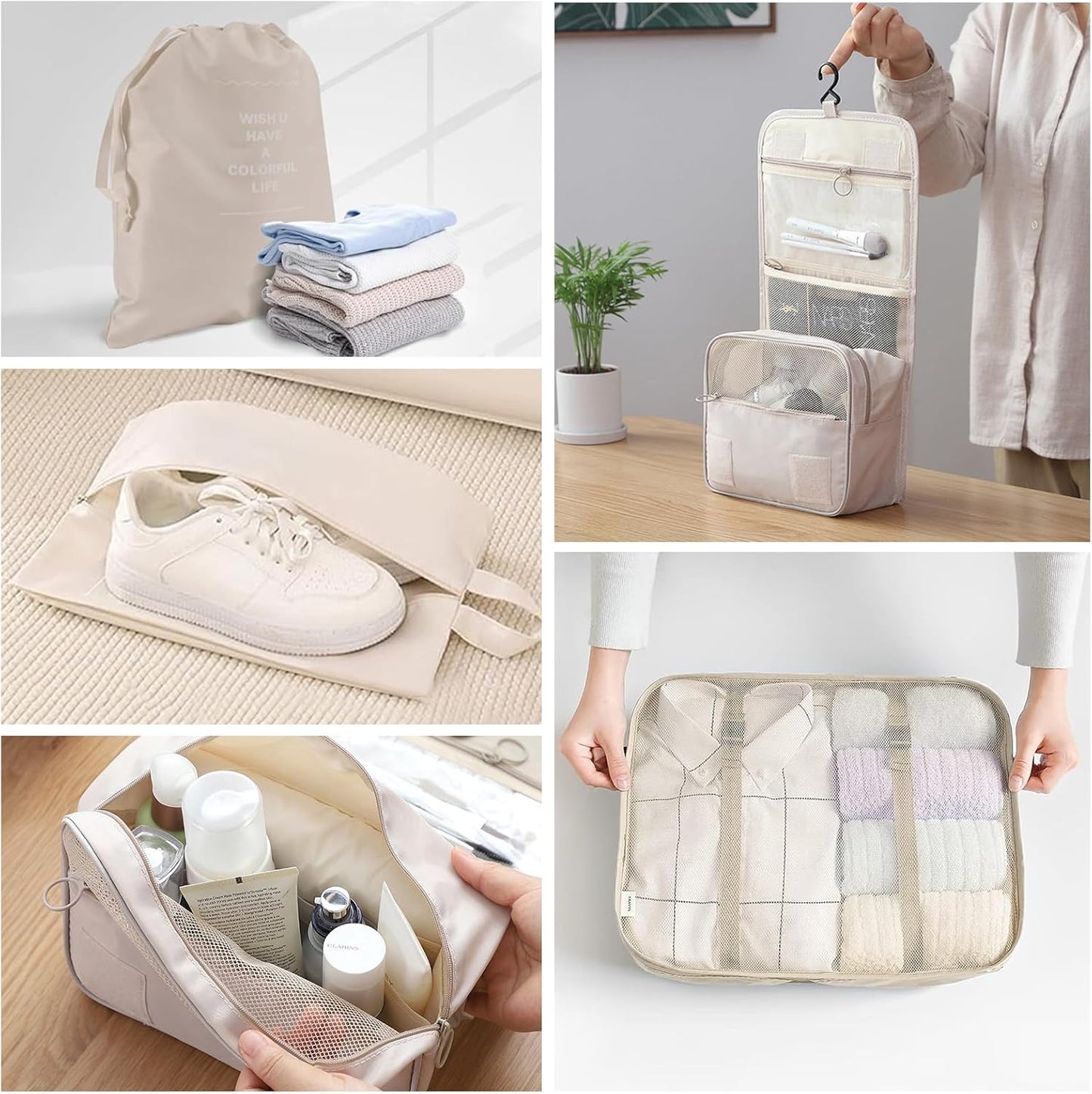 9 Pieces Organizer Suitcase Space-Saving Organizers, Travel Organizers, Packing Cubes, Travel Set Useful Accessories Organizer for Holidays, Travel and Home Garment Storage(Beige)