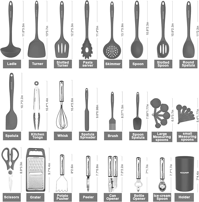 Kitchen Utensils Set - 446°F Heat Resistant Silicone Cooking Utensil Set-Kitchen Tools and Gadgets for Cooking Nonstick Cookware with Tongs,Turner,Spatula,Spoon,Brush,Peeler,Grater,Scissors (Gray)