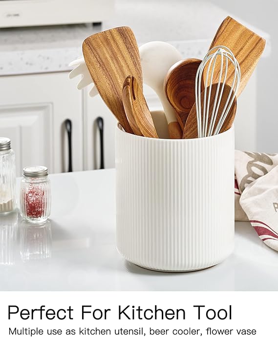 Getstar Large Kitchen Utensil Holder for Kitchen Counter (H7.2” x W6.2”), Ceramic Cooking Utensil Holder with Cork Mat, Kitchen Decor (White, Utensils Not Included)