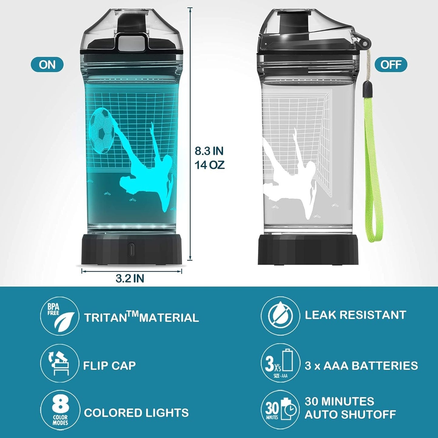 YuanDian Light Up Kids Water Bottle with 3D Soccer Design- 14 OZ Tritan BPA Free - Cool Drinking Cups Gift for School Kids Boy Child Sport Soccer Lovers
