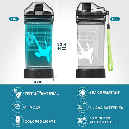 YuanDian Light Up Kids Water Bottle with 3D Soccer Design- 14 OZ Tritan BPA Free - Cool Drinking Cups Gift for School Kids Boy Child Sport Soccer Lovers