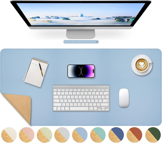 Giecy Leather Desk Pad, Dual-Sided Natural Cork & PU Leather Desk Pad, 80 x 40 cm Extended Computer Desk Mat Keyboard Mouse Pads Writing Mat Desk Blotter Pads Mats for Laptop PC Gaming (Sky Blue)