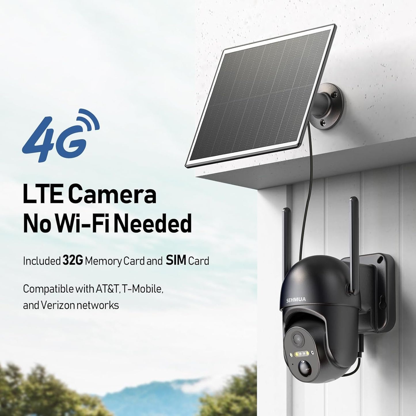 SEHMUA 4G LTE Cellular Solar Security Camera Wireless Outdoor, No WiFi Solar Powered Camera, 360° Live View, 2K Color Night Vision, PIR Motion Sensor, 2 Way Talk, Built in SIM Card
