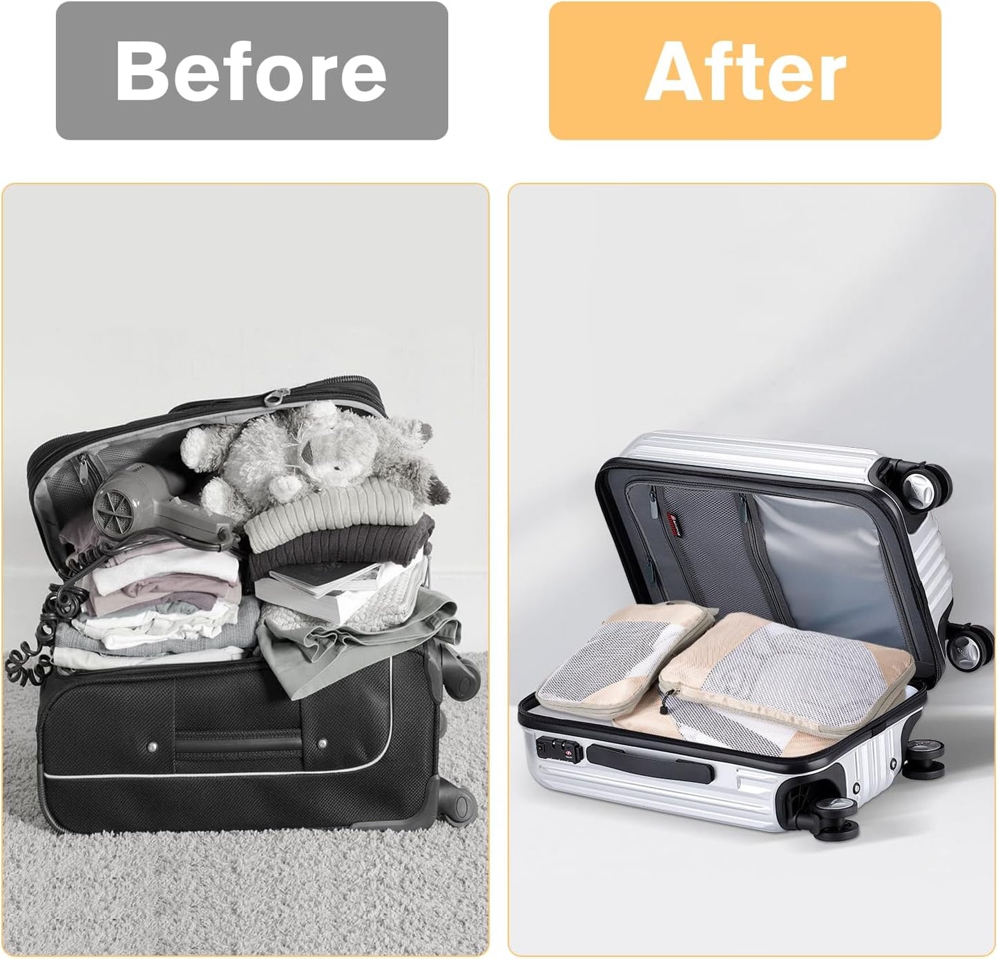 Space-Saving Suitcase Organizer Travel Organizer Suitcase Compression Travel Useful Accessories Waterproof Travel Bags for Underwear Footwear Clothes Fabric, Beige, 3 Pieces