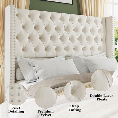 Jocisland Upholstered Bed Frame with Tall Headboard Wingback Platform Bed Tufted Deep Button Velvet/No Box Spring Needed/Easy Assembly (Cream, Queen)