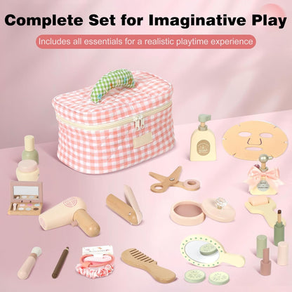 Pithfor Wooden Makeup Toy Set, Pretend Play Makeup Set for Kids Toddlers, Play Beauty Makeup Kit for Girls 3 4 5 6 7 Year Old