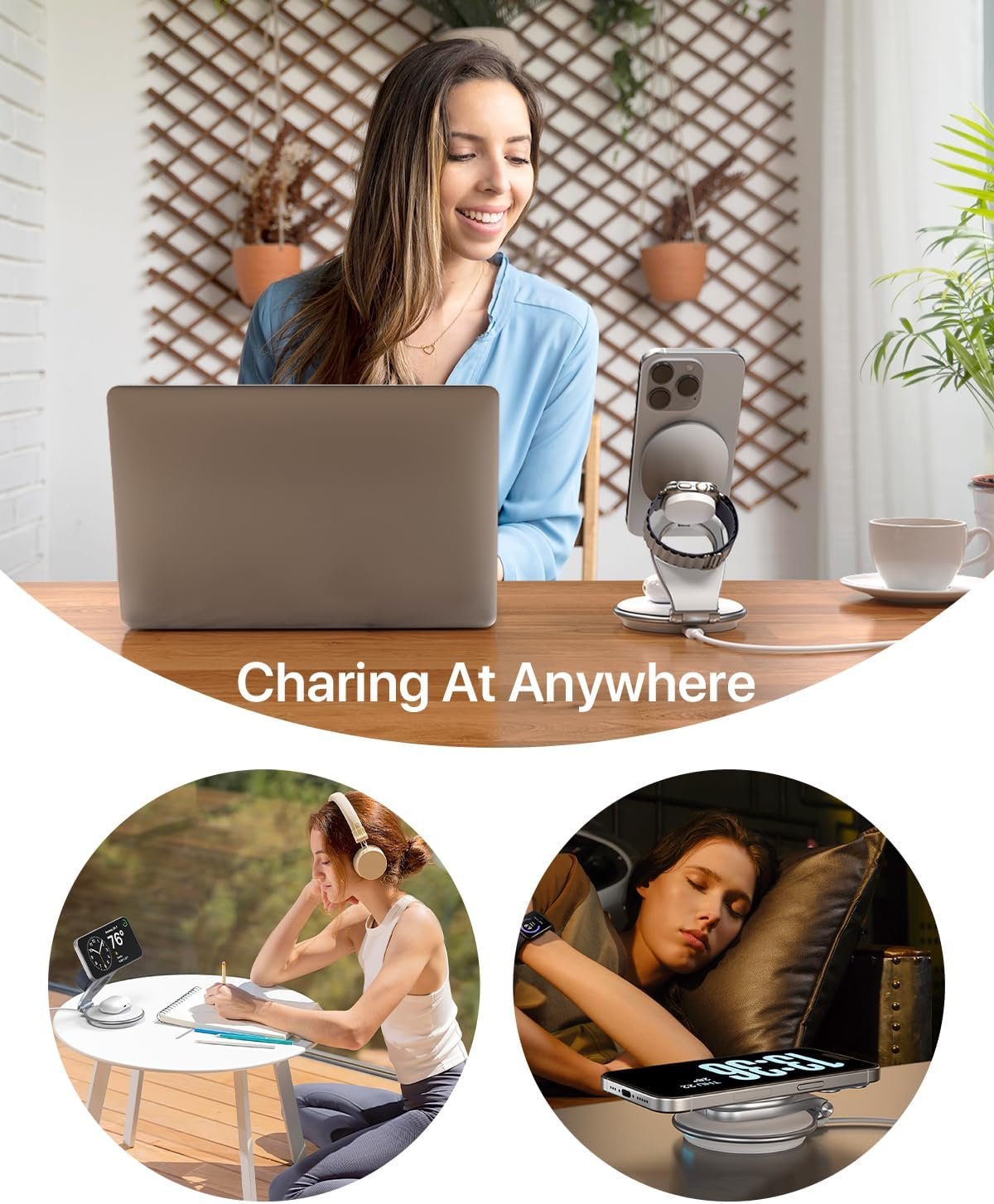 EXW for MagSafe Charger, 3 in 1 Wireless Charging Station for iPhone Charger, 15W Wireless Fast Charger Stand with 30W Adapter for iPhone 16/15/14/13/12 Series, Airpods and Apple Watch Charge (White)