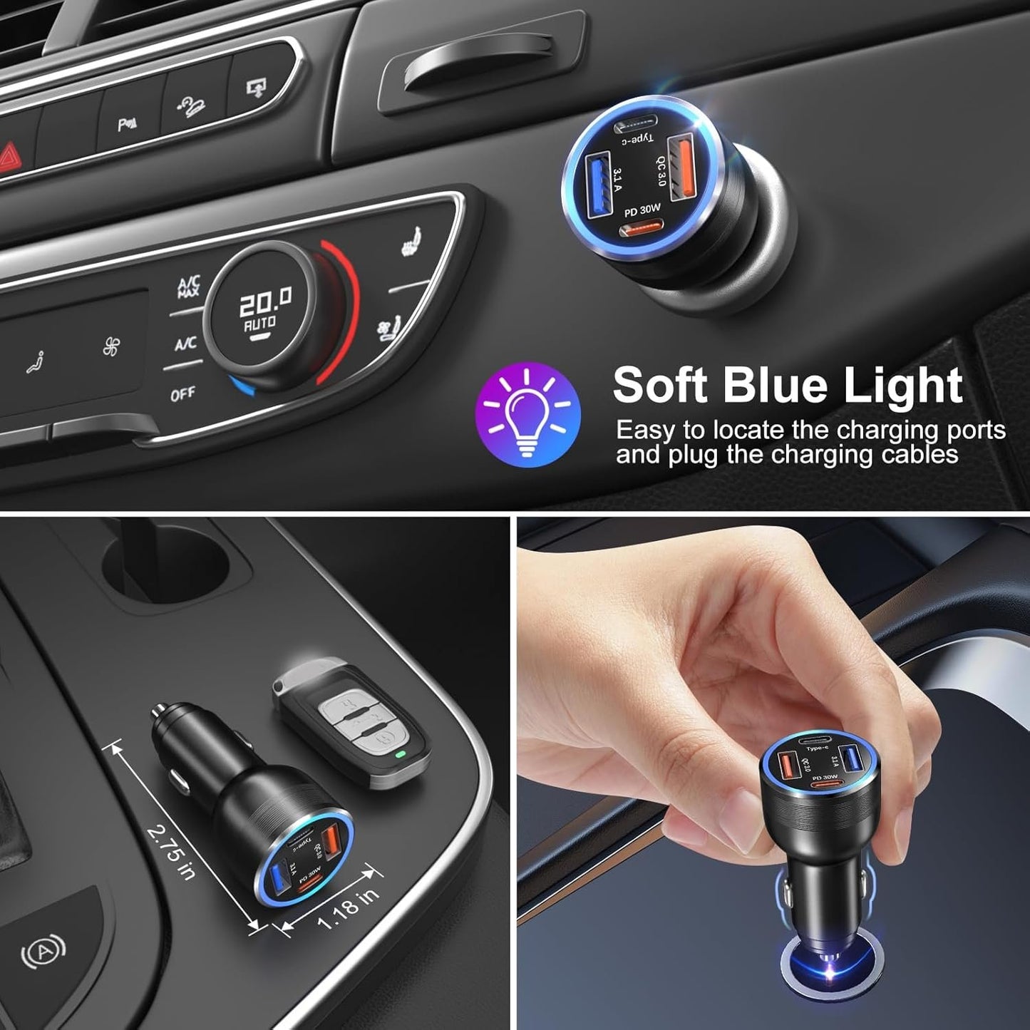 USB C Car Charger, 65W 4-Fast Port Dual 12V USB-C & USB-A Car Phone Charger PD&QC3.0 Super Fast Car Cigarette Lighter Adapter for iPhone 16 15 Pro Max Plus iPad, Samsung S24/S23 Ultra+5ft Type C Cable