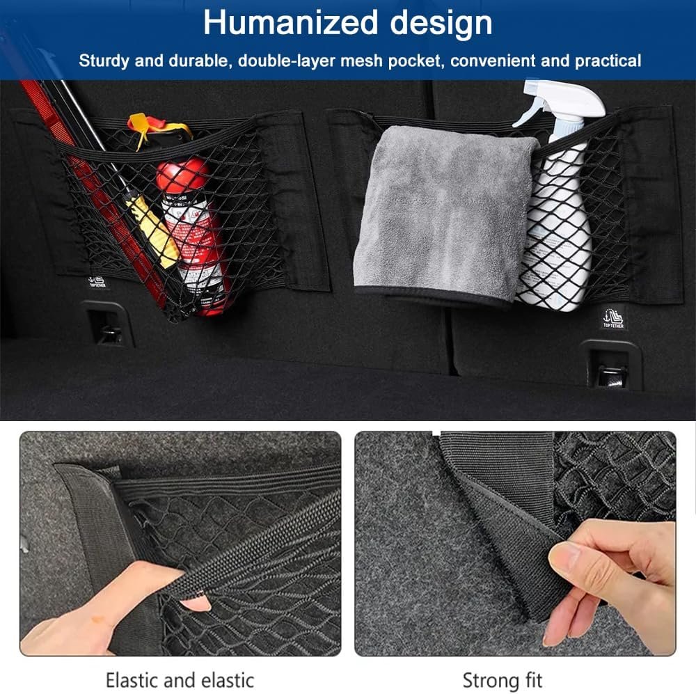 TOMVAES 4 Pack Car Trunk Net Mesh Auto Cargo Storage Organizer Small Elastic Netting Pocket Wall Sticker Add on Pouch Bag for SUV, Truck, RV,25x30cm