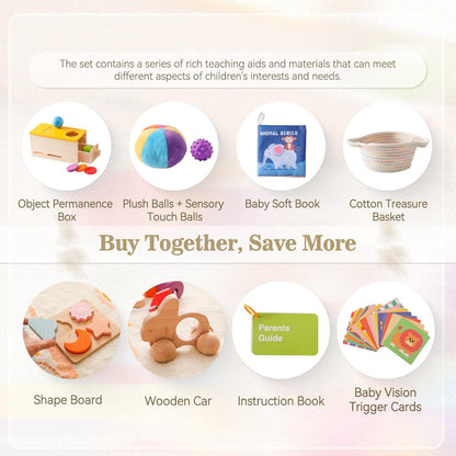 Montessori Toys for Babies 6-12 Months 6 in 1 Learning Educational Toy Set Wooden Toys Play Kit Includes Object Permanence Box, Touch & Match Board, Sensory Ball & Treasure Basket, Soft Baby Book
