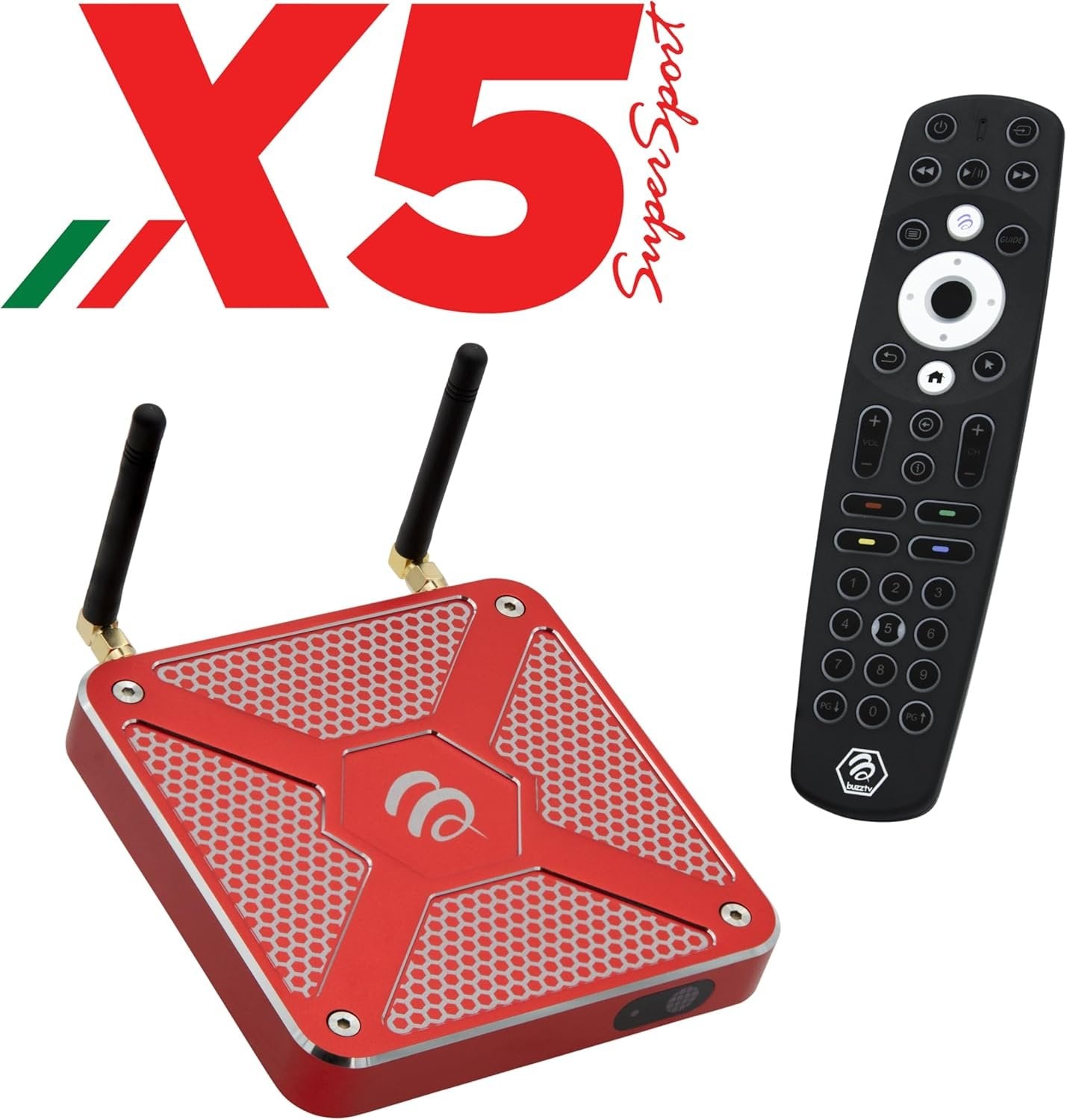 BuzzTV X5 SS Android 13 TV Box, 4GB DDR4 RAM, 128GB Storage, Scarlet Red Aluminum, Voice-Controlled Remote, Wireless AX, USB-C, Global Power Adapters