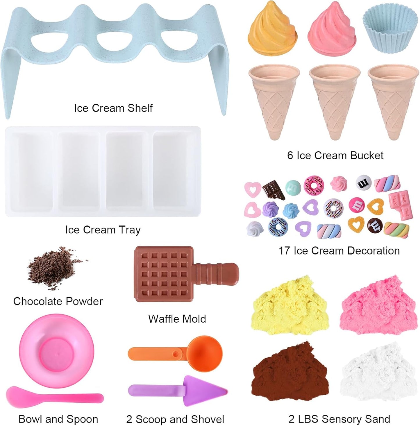 Ice Cream Toys Play Sand for Kids - Sensory Bin, 34pcs Ice Cream Shop Playset Sand Box 2LBS Moon Sand,Fine Motor Skills Activities Kids Sensory Toys for Girls 3 4 5 6 7 8 Year and Up