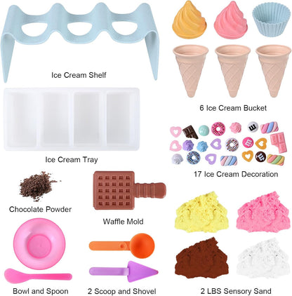 Ice Cream Toys Play Sand for Kids - Sensory Bin, 34pcs Ice Cream Shop Playset Sand Box 2LBS Moon Sand,Fine Motor Skills Activities Kids Sensory Toys for Girls 3 4 5 6 7 8 Year and Up