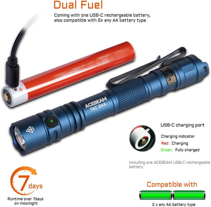 ACEBEAM TAC 2AA EDC Tactical Dual Modes Flashlight Rechargeable, 1400 High Lumens, Dual Switch Pocket LED Flashlight, Super Bright Small Flash Light for Emergency, Camping, Home(SFT-25 LED)