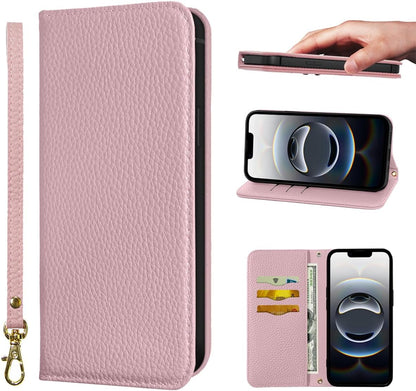 NanHou iPhone 16e Case Leather Case RFID Blocking Folio Wallet Case Magnetic Closure Kickstand Wrist Strap Card Holder Shockproof Flip Cover - Pink