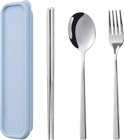 Sunwinc 3 Pcs Camping Silverware,Stainless Steel Travel Outdoor Flatware Set Chopsticks Spoon Fork/Portable Travel Work Utensils Cutlery Set with a Wheat Straw Case