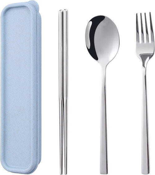 Sunwinc 3 Pcs Camping Silverware,Stainless Steel Travel Outdoor Flatware Set Chopsticks Spoon Fork/Portable Travel Work Utensils Cutlery Set with a Wheat Straw Case