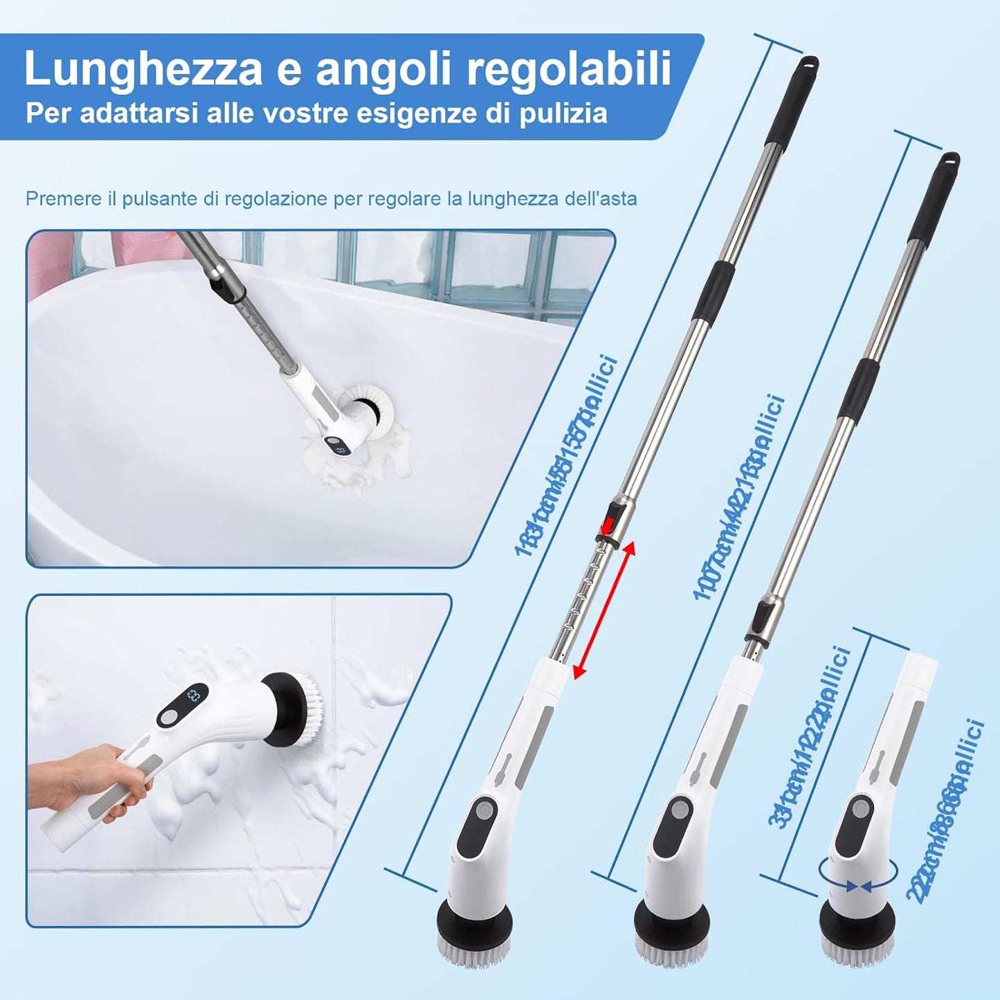 Fixm Electric Spin Scrubber, Cordless Shower Scrubber with Adjustable Extension Handle, Electric Cleaning Brush for Bathtub Kitchen Wall Cleaning, 2 Speeds with Display and 11 Replaceable Brush Heads