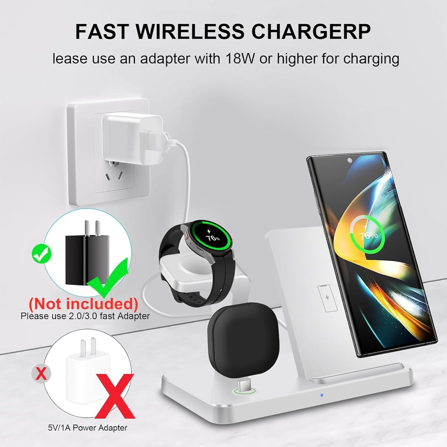 3 in 1 Wireless Charger for Samsung Wireless Charging Station Compatible with Samsung Galaxy S25/S24/S23/S22/S21/S20,Note 20/10,Galaxy Watch Ultra/7/6/5/4/3/Active,Galaxy Buds Series