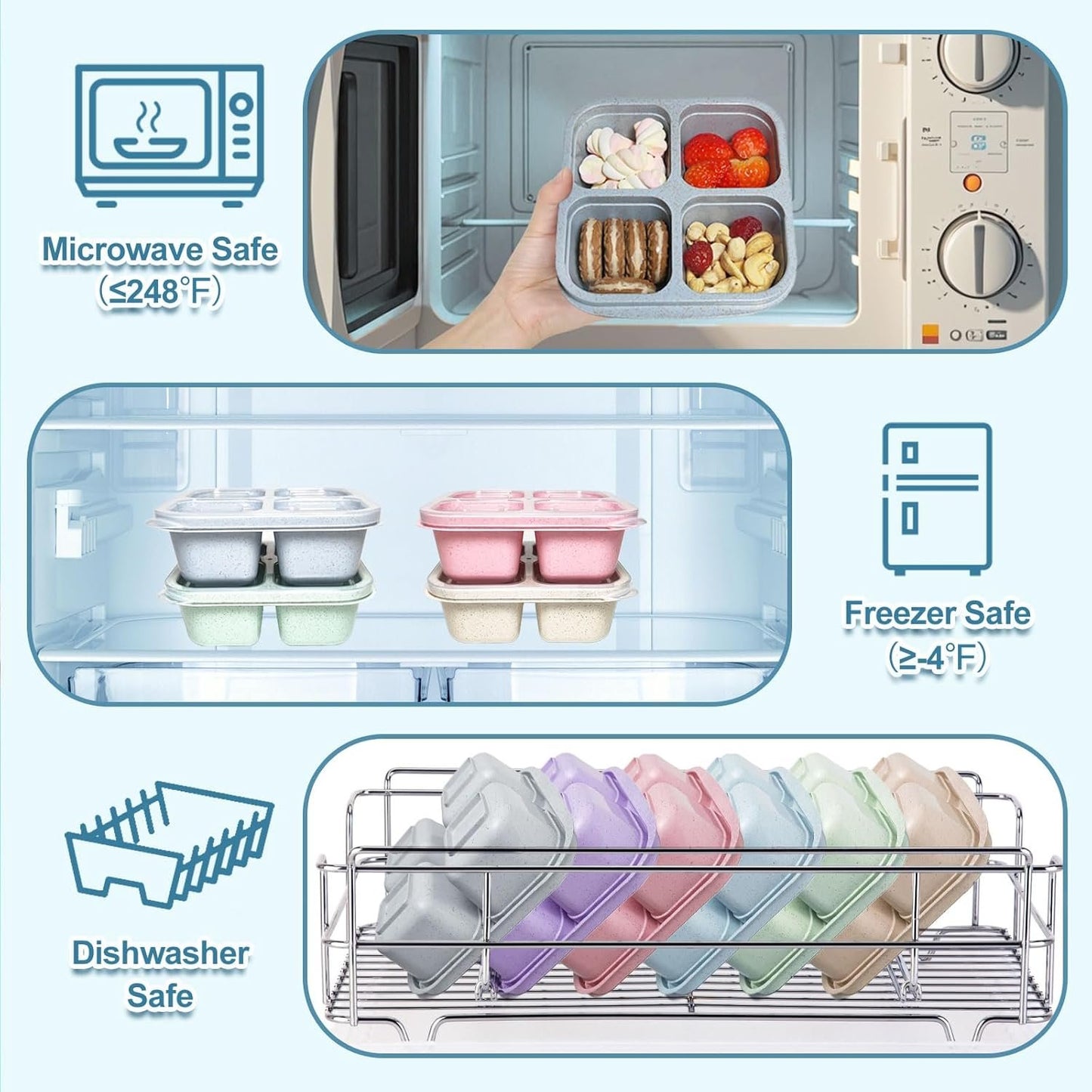 ozazuco 4 Pack Snack Containers, Divided Bento Snack Box, 4 Compartments Reusable Meal Prep Lunch Containers for Kids Adults, Food Storage Containers for School Work Travel