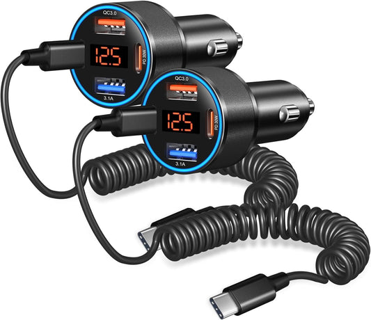 USB Car Charger with Voltage Display, 65W 4-Port Dual 12V USB-A & USB-C Cigarette Lighter Adapter Plug QC+PD 3.0 Super Fast Car Phone Charger for iPhone 16e 15 Pro Max, Samsung S25+5ft Type C Cable