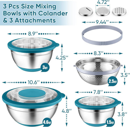 P&P CHEF Mixing Bowls with Lids Set of 3, 3 Pcs Stainless Steel Nesting Salad Bowls and Colander for Kitchen, 3 Grater Attachments & Non-Slip Bottoms, Visible & Airtight Lid, Blue