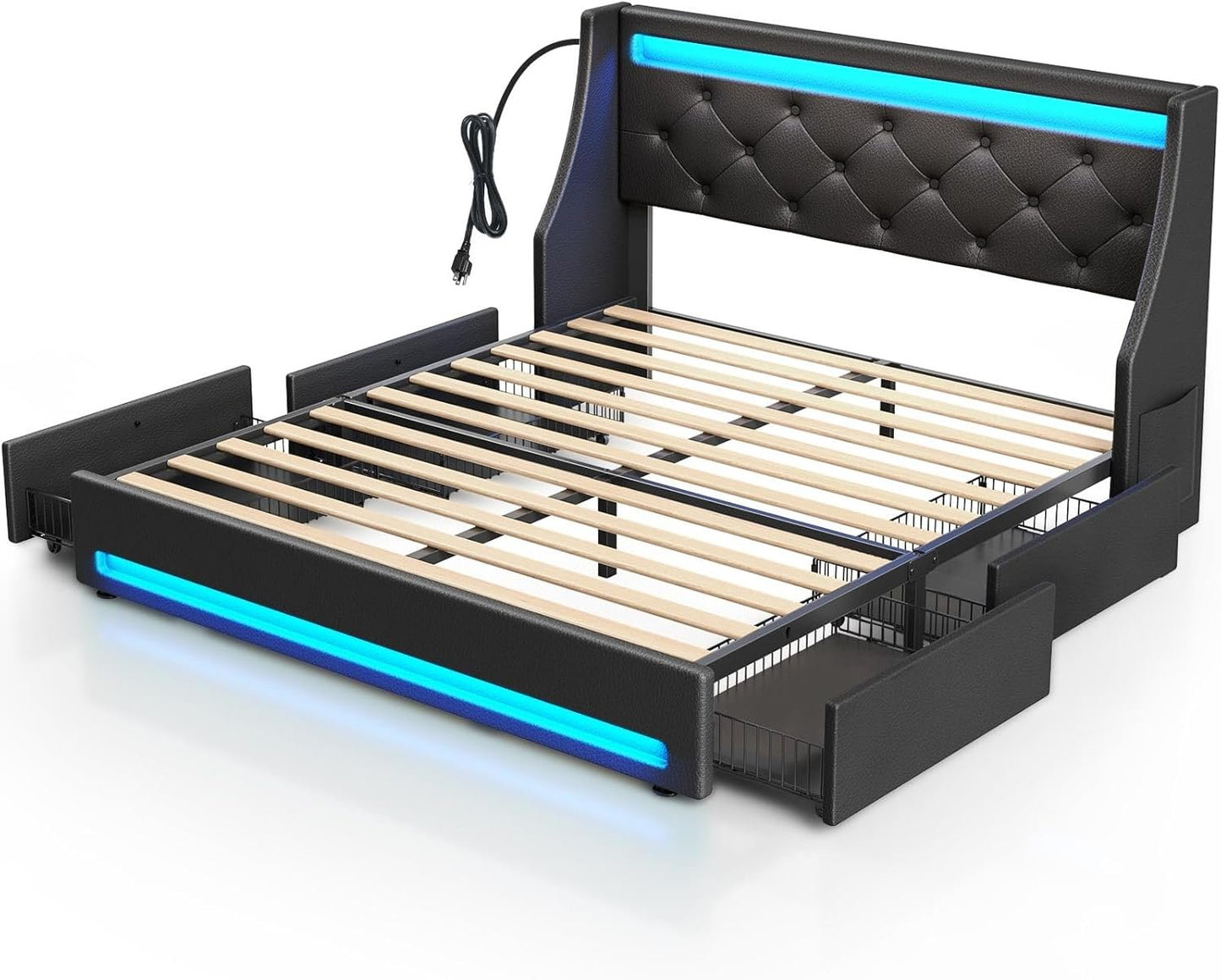 Rolanstar Queen Bed Frame with 4 Storage Drawers, Charging Station and LED Lights, Upholstered PU Leather Platform Bed with Heavy Duty Wooden Slats, No Box Spring Needed, Noise Free, Easy Assembly