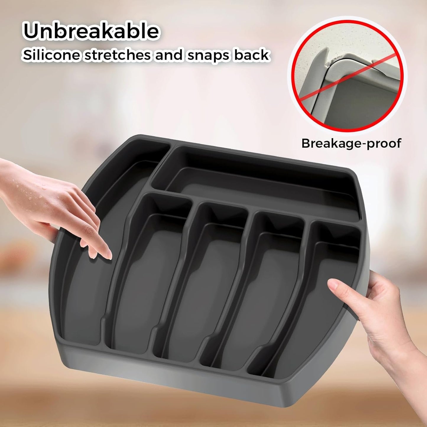 Silicone Cutlery Organizer for Kitchen, Expandable Utensil Drawer Organizer with Grooved for Flatware and Kitchen Utensils, Orange