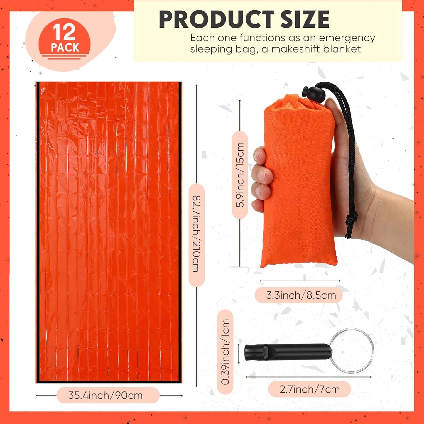 12 Set Emergency Sleeping Bag Survival Bivvy Sack Blanket with Whistles Lightweight Portable Thermal Survival Bag Thick Mylar Tent with Hood Extension Nylon Stuff Sack for Camping Hiking Outdoor