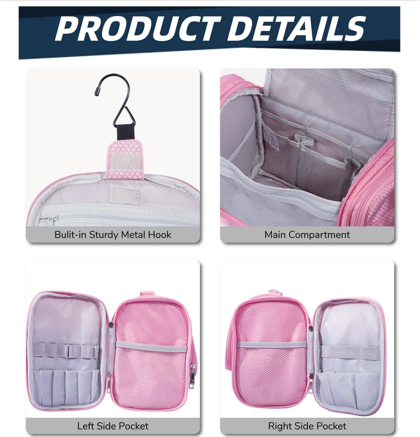 Buruis Large Capacity Toiletry Bag for Women, Hanging Toiletry Organizer Cosmetics Makeup Bag, Water-Resistant Hygiene Travel Bag for Full Sized Toiletries, Travel Essentials, Accessories (Pink)