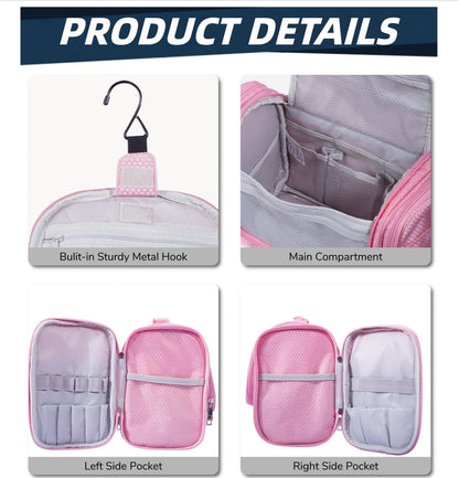 Buruis Large Capacity Toiletry Bag for Women, Hanging Toiletry Organizer Cosmetics Makeup Bag, Water-Resistant Hygiene Travel Bag for Full Sized Toiletries, Travel Essentials, Accessories (Pink)