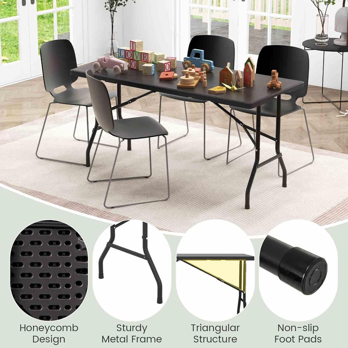 Costway 1.5m Folding Picnic Table, Outdoor Dining Table w/Wood Grain HDPE Tabletop, Sturdy Metal Fame, Non-Slip Foot Pads, 4-6 Person Camping Table for Patio Garden Deck Yard