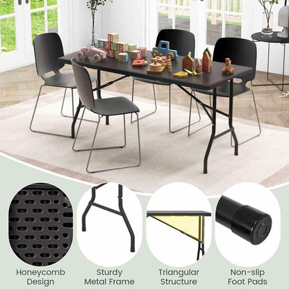Costway 1.5m Folding Picnic Table, Outdoor Dining Table w/Wood Grain HDPE Tabletop, Sturdy Metal Fame, Non-Slip Foot Pads, 4-6 Person Camping Table for Patio Garden Deck Yard