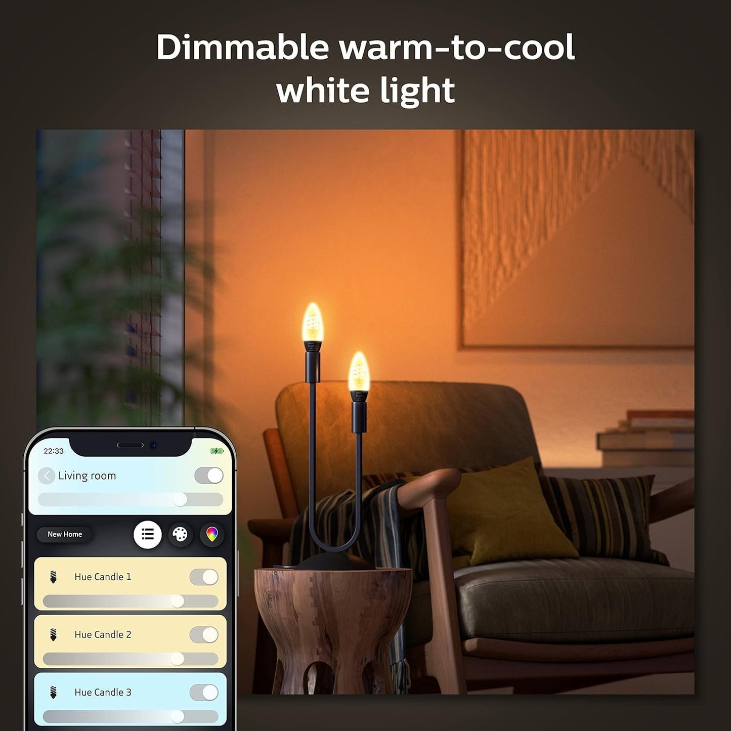Philips Hue Smart 40W Candle-Shaped Filament LED Bulb - White Ambiance Warm-to-Cool White Light - 2 Pack - 270LM - E12 - Indoor - Control with Voice or App