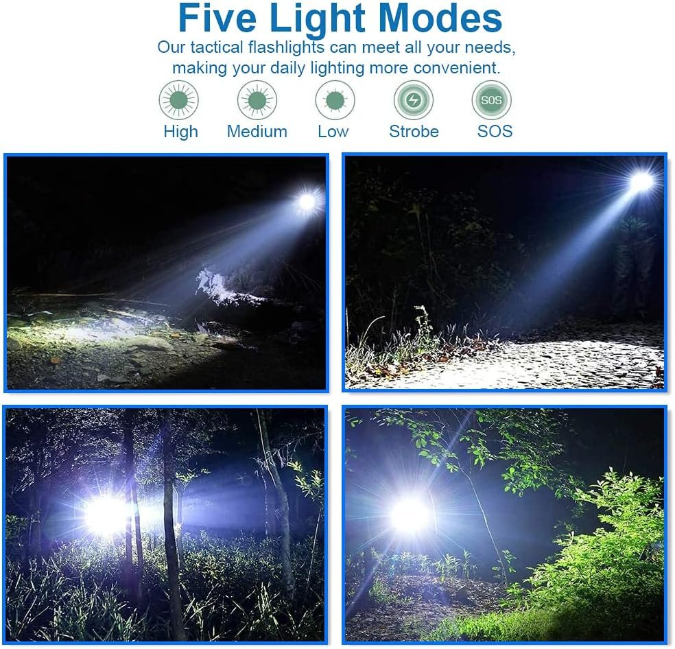 MMOBIEL 2X LED Tactical Flashlight - 1000 Lumen, 5 Modes Zoomable, Water Resistant, Survival Flashlight, Camping, Emergency and Outdoor Flashlight.
