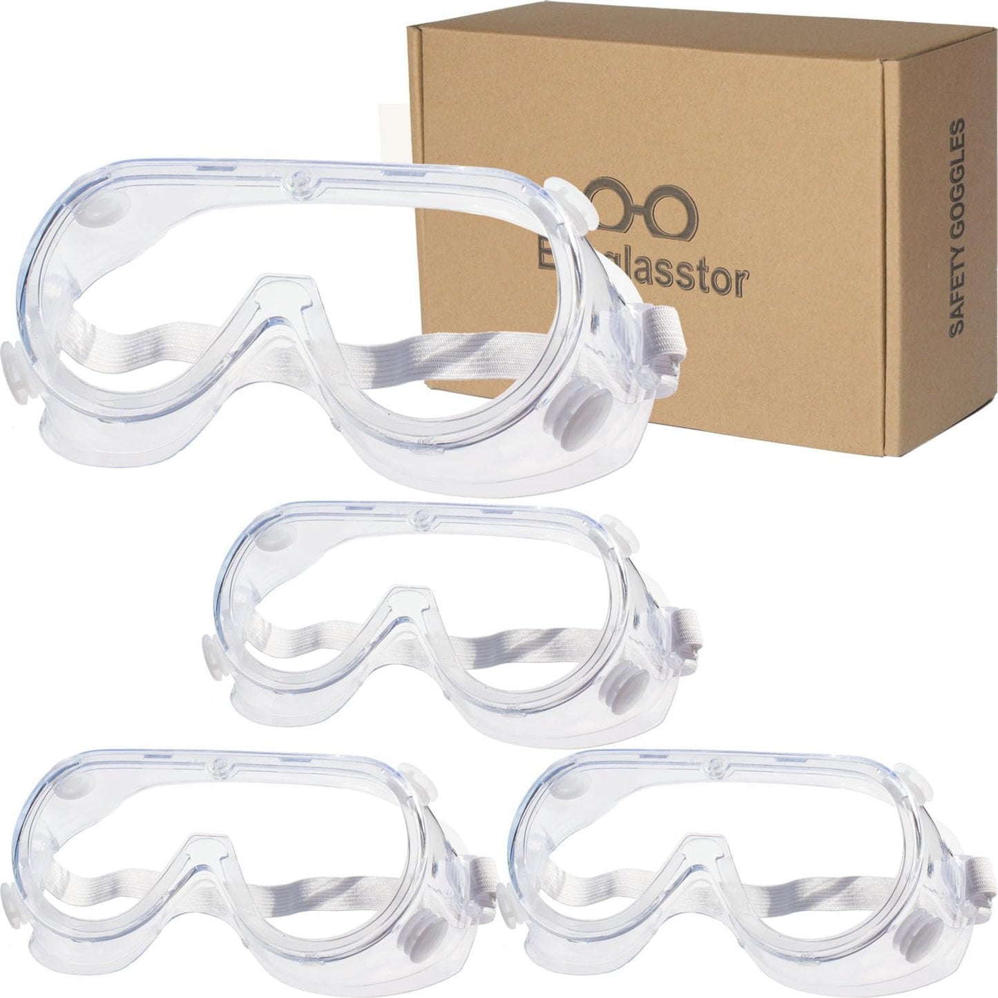 Eyeglasstor 4 Pack Protective Safety Goggle for lab chemistry soft lightweight goggles over prescription glasses Anti-Splash worker construction Eye protection Science Onion Cutting and More White